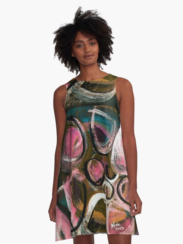 Chic cherry chocolate A-line dress with 'Cool Rhythms in Pink' Steelpan abstract art in pink, brown, black, and white by Caribbean artist Karl Doyle